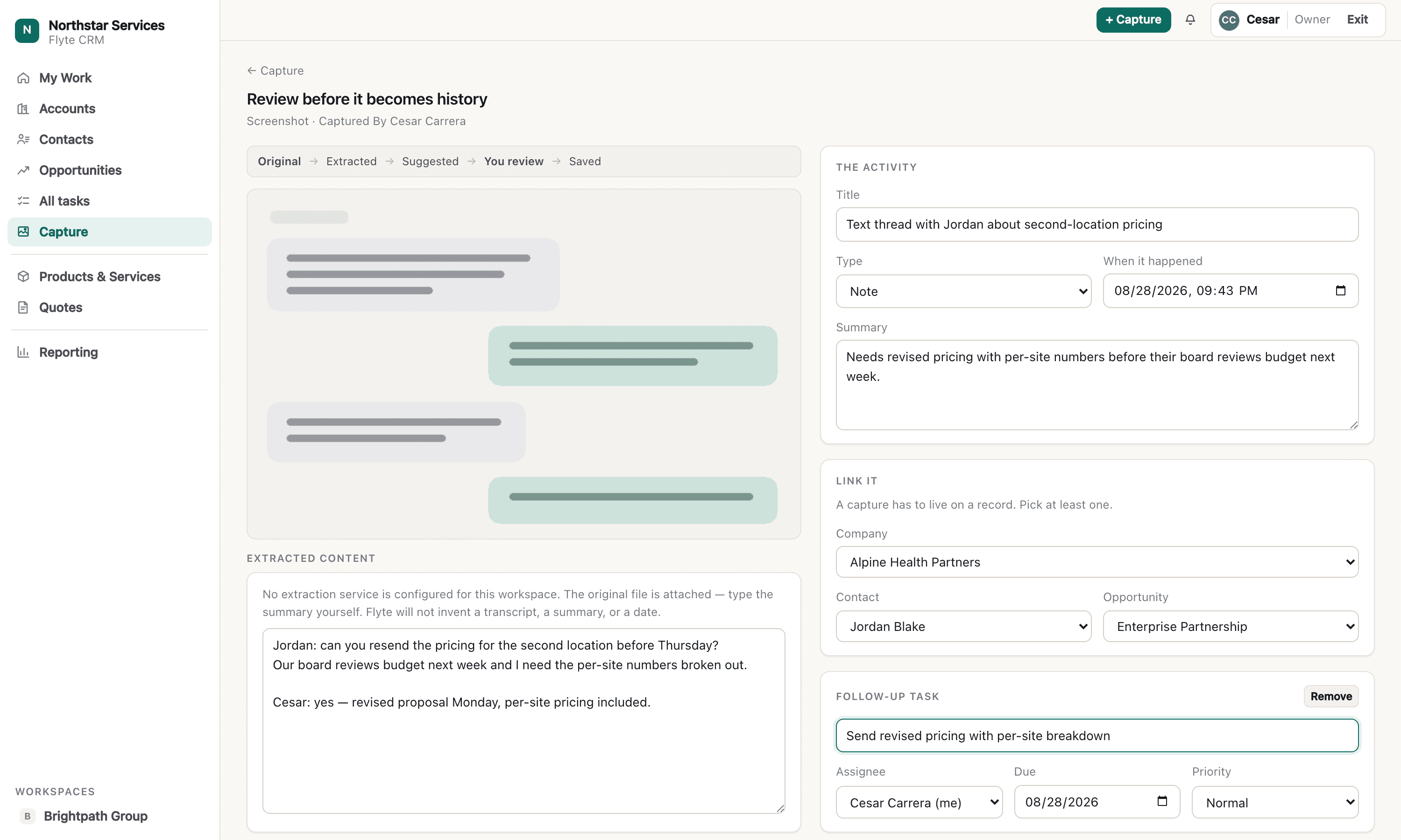 The capture review screen: the uploaded screenshot on the left beside its extracted text, and on the right the activity title, type, date, summary, company and contact links, and an optional follow-up task.
