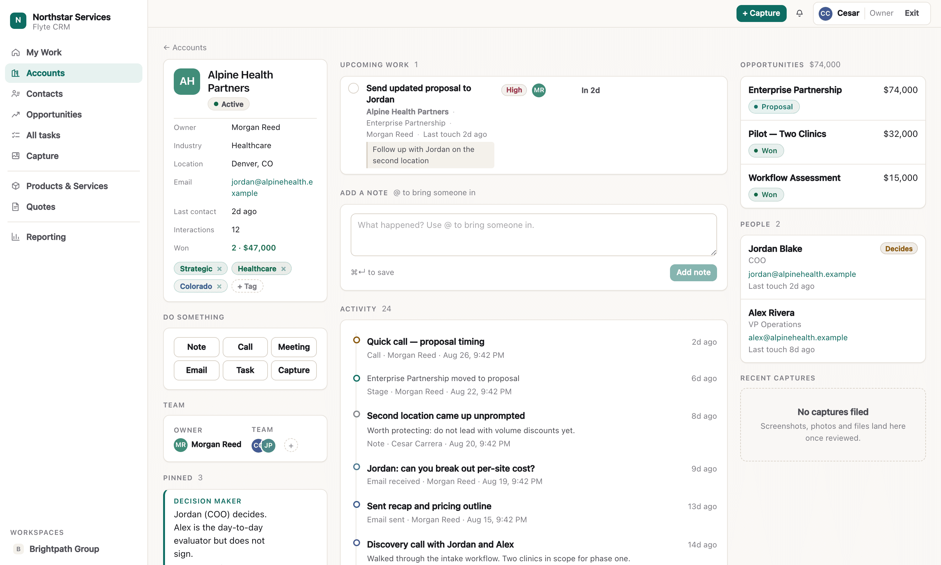 A company workspace in three columns: identity and quick actions on the left, upcoming work and a chronological activity timeline in the centre, contacts and opportunities on the right.