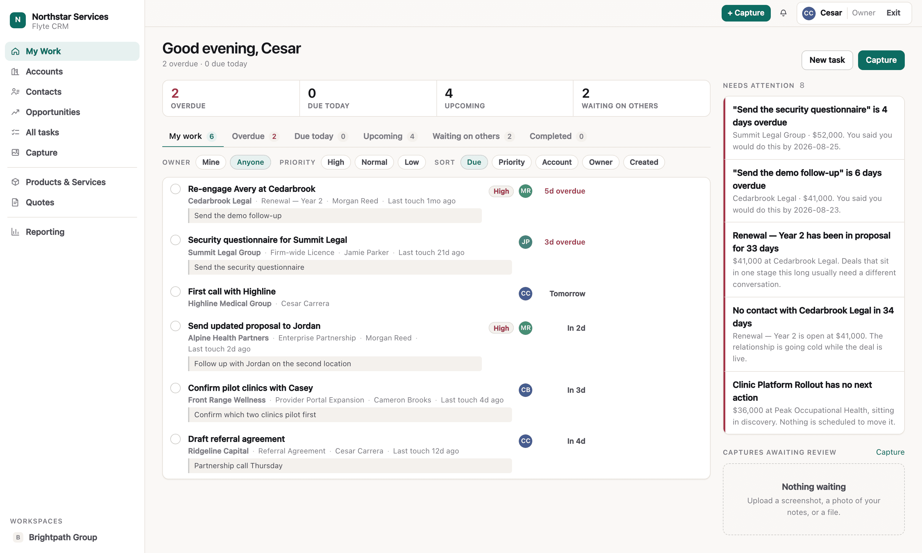 The My Work queue: overdue, due today, upcoming and waiting-on-others counts above a list of tasks, each showing its company, contact, owner and due date.